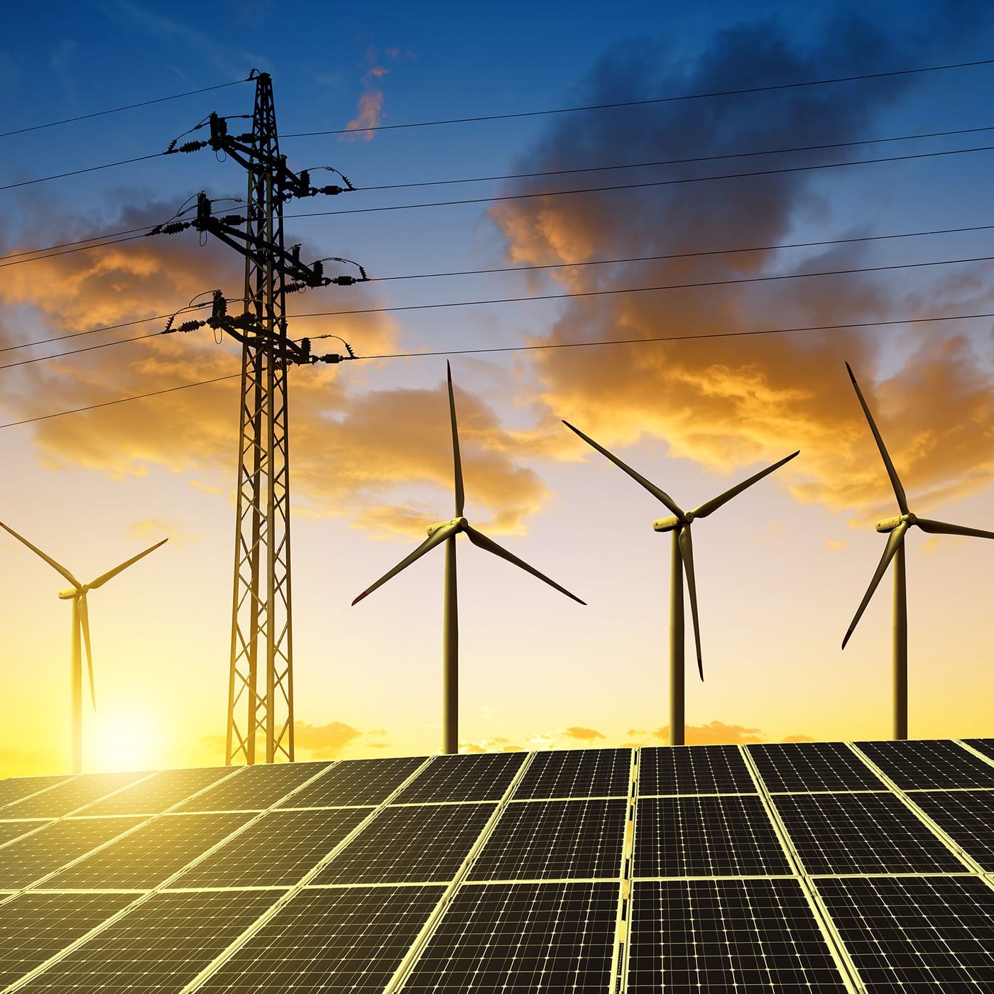 Powerlines, windmills, and solar panels.