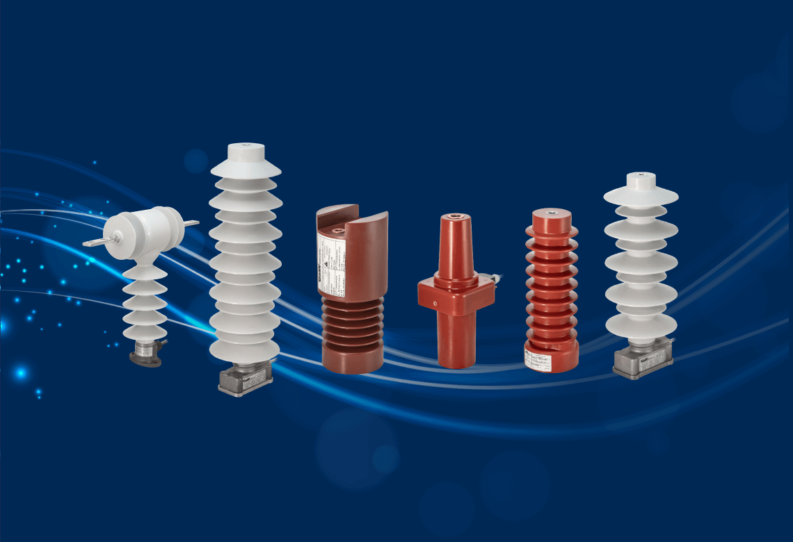 Image of six different types of electrical insulators arranged in a row against a blue background with light streaks and glowing dots.