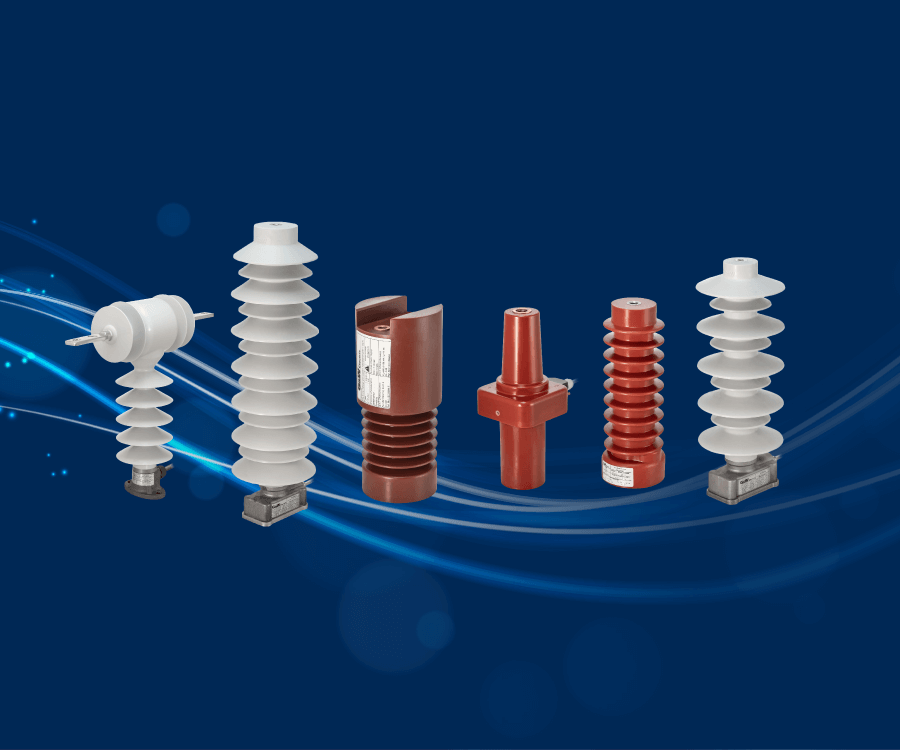 Image of six different types of electrical insulators arranged in a row against a blue background with light streaks and glowing dots.